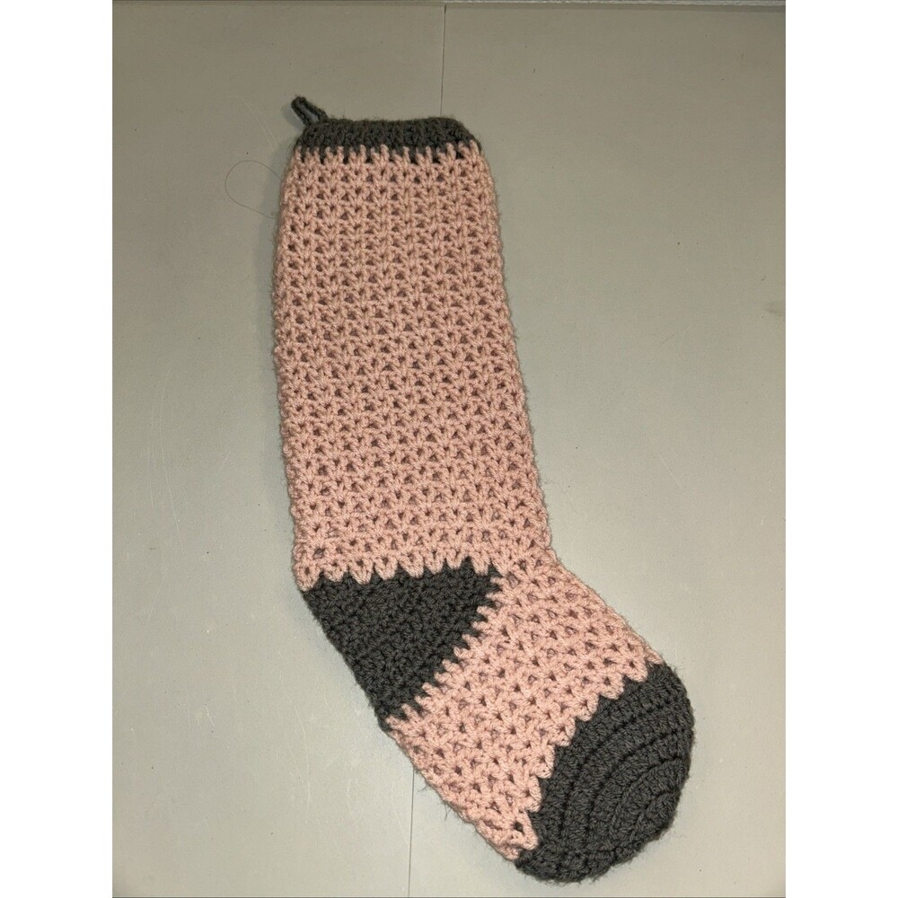 20.5x6.5 Crochet Christmas Holiday Stocking Pink & Gray